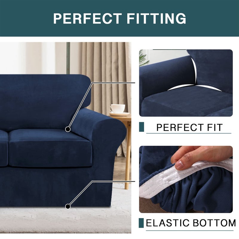 FantasDecor 4 Piece Sofa Velvet Couch Covers for 3 Cushion Stretch Slipcover with Individual Seat Cushion Elastic Furniture Protector for Pets, Machine Washable (Sofa, Navy) - Image 5